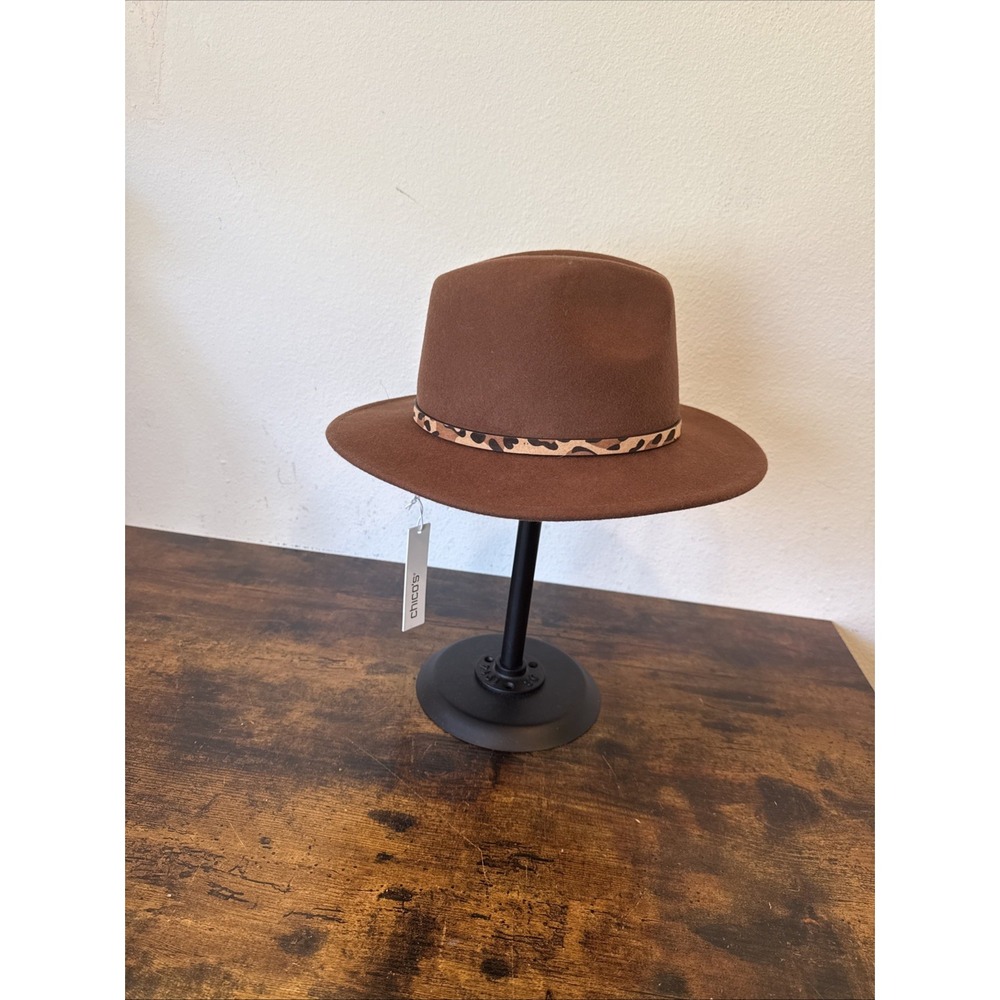 Chico’s 100% Wool Fedora — Brown — Leopard Print Band — One Size — Women’s — NWT